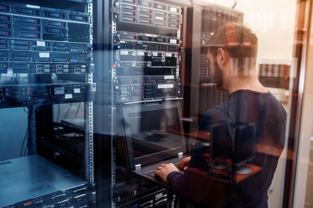 Man working on server backup