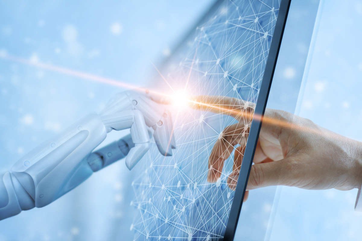 Man and AI touching hands