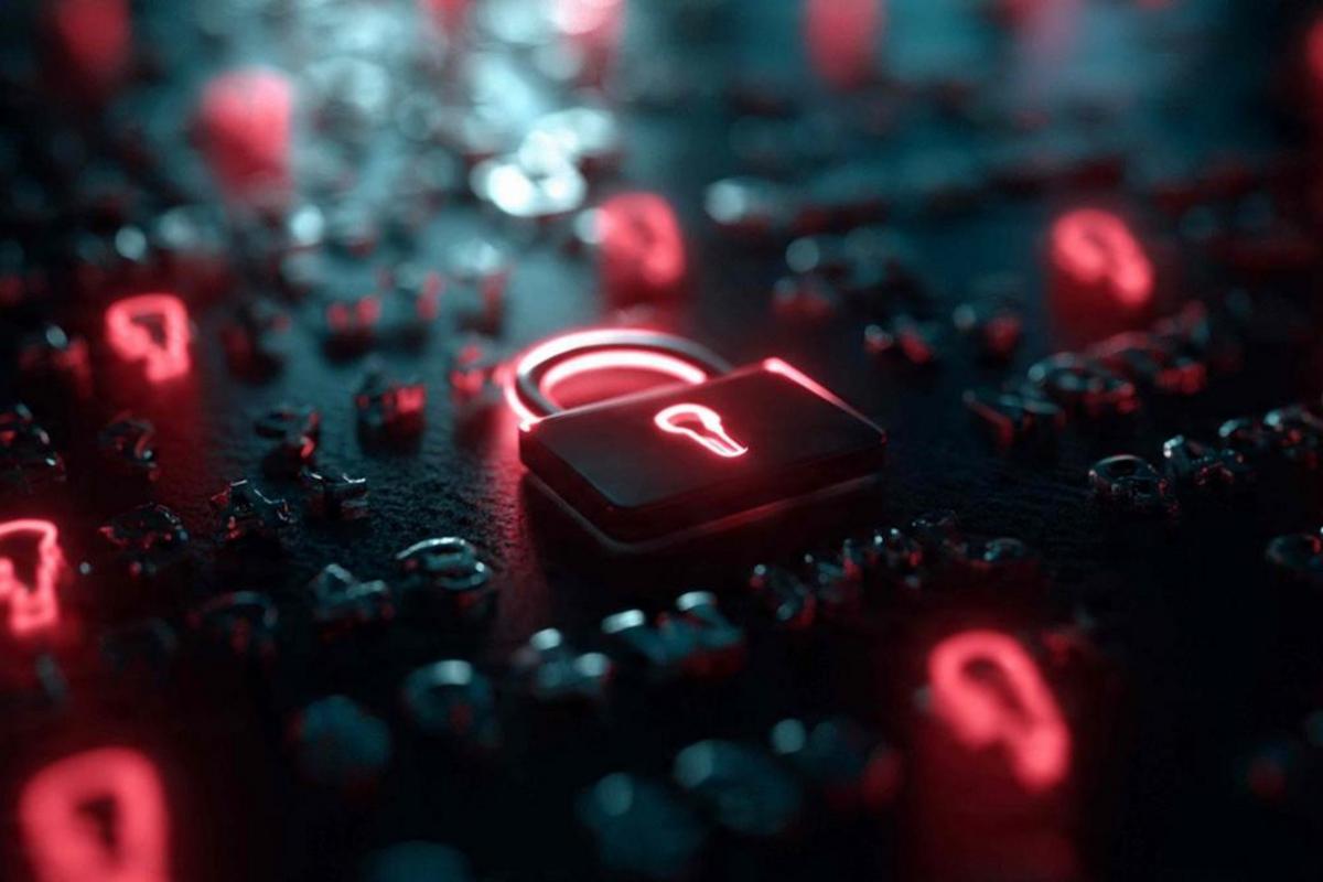Red glowing padlock standing among scattered keys on a dark surface.